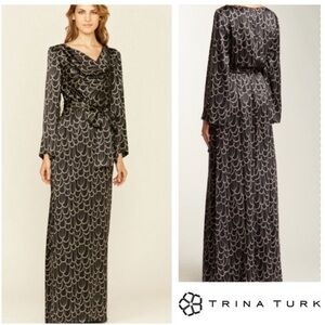 Trina Turk 100% Silk Black & Ivory Maxi Dress Cowl Neck Luxe Bell Sleeve